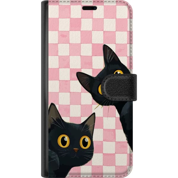 Kompatibel Tegnebogsetui til Xiaomi Redmi Note 14 Pro Legende motiv med to sorte katte og store gule øjne mod lyserøde tern
