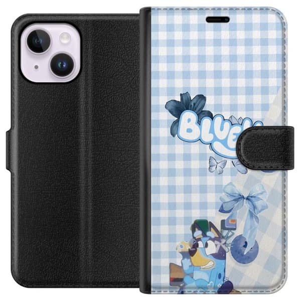 Kompatibel Tegnebogsetui til Apple iPhone 14 Plus Sød Bluey-design i blå pastelstil