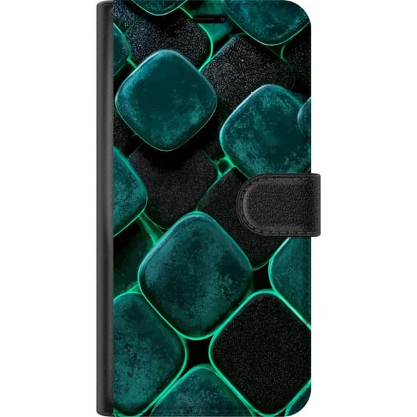 Kompatibel Tegnebogsetui til Xiaomi Redmi Note 11 Geometrisk motiv med turkise og sorte afrundede ruder samt grønne linjer