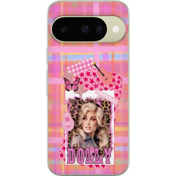 Kompatibelt Mobildeksel til Google Pixel 11 Dolly Parton-portrett i rosa collage med gitarer, sommerfugl, stjerner og leopardmønster