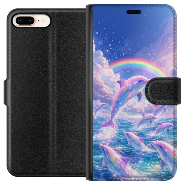 Kompatibel Tegnebogsetui til Apple iPhone 8 Plus Glittrande regnbågsdelfiner