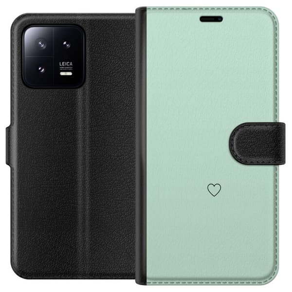 Kompatibel Tegnebogsetui til Xiaomi 13 Enkel sort hjertekontur centreret mod mintgrøn baggrund