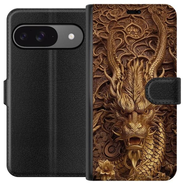 Kompatibelt Lommeboketui til Google Pixel 9 Pro Elegant dragemotiv i gull