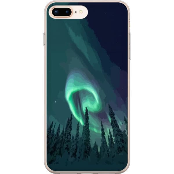 Kompatibelt Mobildeksel til Apple iPhone 8 Plus Stemningsfullt grønt nordlys over mørk skog og stjernehimmel
