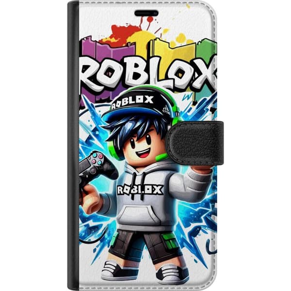 Kompatibel Tegnebogsetui til Apple iPhone 16e Roblox-spilkarakter med headset og controller foran farvestænk