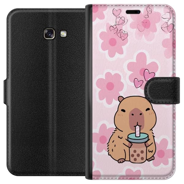 Kompatibel Tegnebogsetui til Samsung Galaxy A3 (2017) Illustreret kapivar, der holder bubble tea blandt lyserøde hjerter og blomster på en blød paste