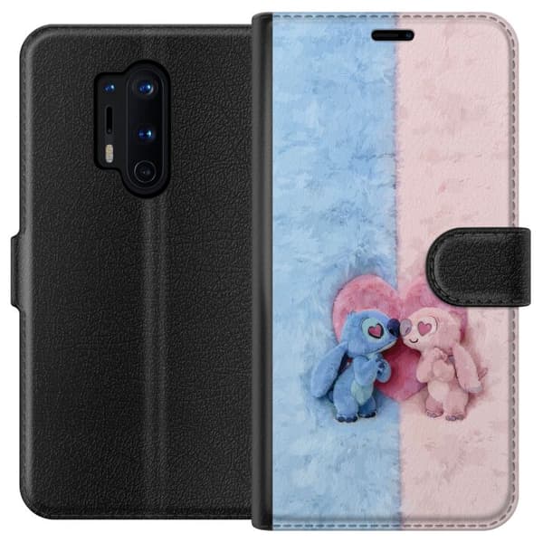 Kompatibel Tegnebogsetui til OnePlus 8 Pro Søde blå og lyserøde figurer foran et stort lyserødt hjerte