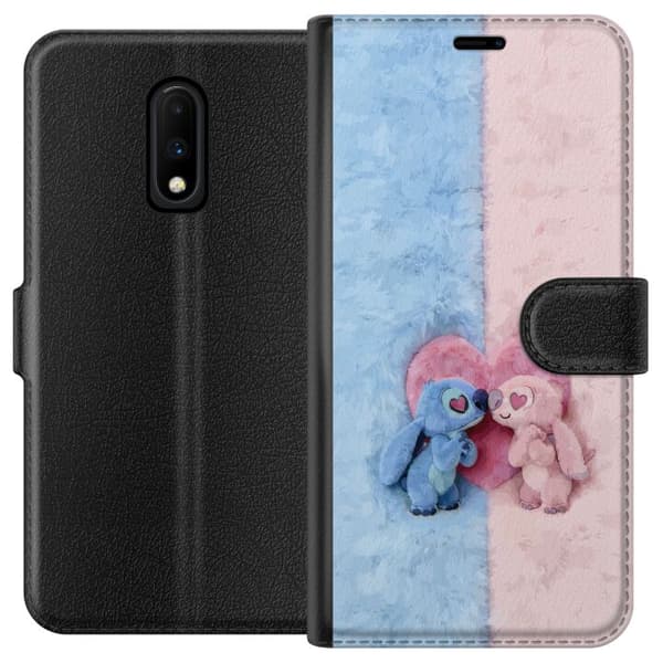 Kompatibel Tegnebogsetui til OnePlus 7 Søde blå og lyserøde figurer foran et stort lyserødt hjerte