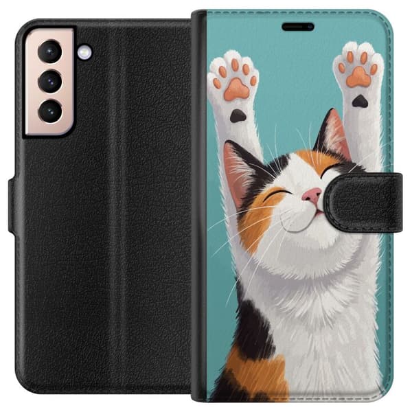 Kompatibelt Lommeboketui til Samsung Galaxy S21 Glad trefärgad katt