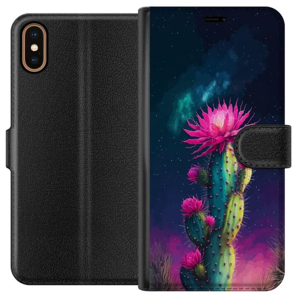 Kompatibel Tegnebogsetui til Apple iPhone X Blomstrende kaktus med lyserøde blomster mod en mørk stjernehimmel