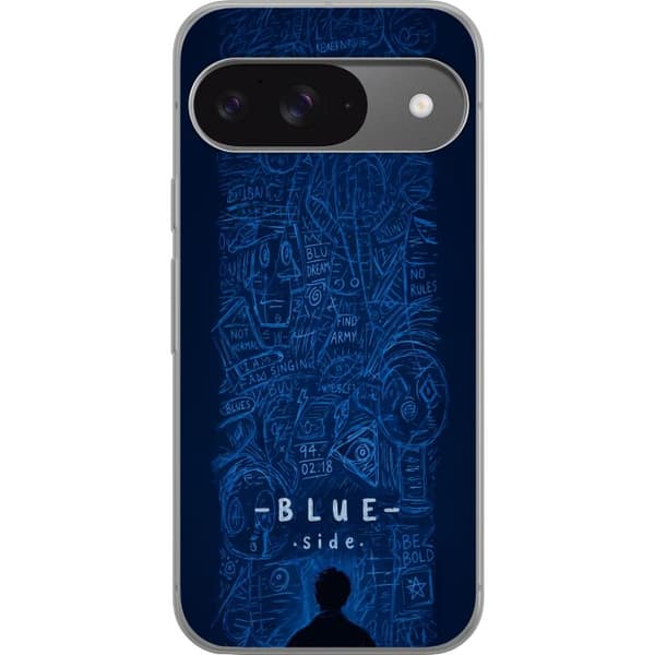 Kompatibelt Mobildeksel til Google Pixel 9 Pro Blå grafisk illustrasjon med Blue Side-tekst og et tett håndtegnet klottermønster