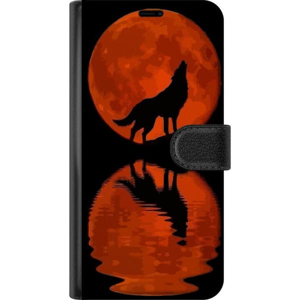Kompatibelt Plånboksfodral till Apple iPhone 14 Pro Ylande varg i silhuett framför orange fullmåne och spegling