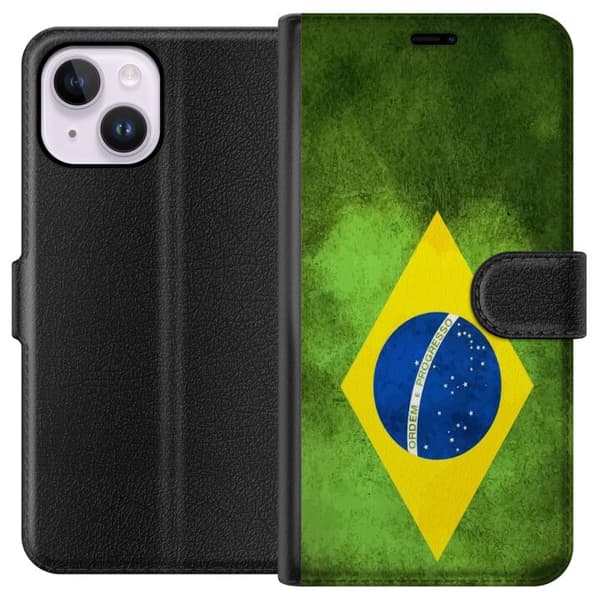 Kompatibel Tegnebogsetui til Apple iPhone 14 Plus Brasiliansk flag med rustik tekstur