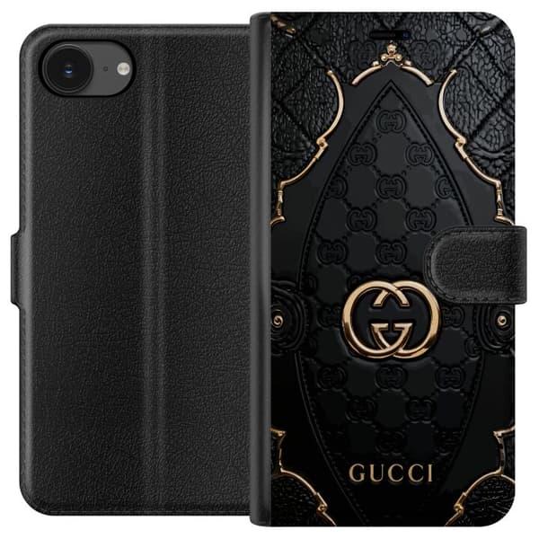 Kompatibel Tegnebogsetui til Apple iPhone 16e Elegant sort monogrammønster med quiltet design og guldfarvede detaljer