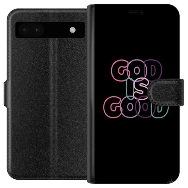 Kompatibel Tegnebogsetui til Google Pixel 6a Good is Good typografisk citat i flere farver mod sort baggrund