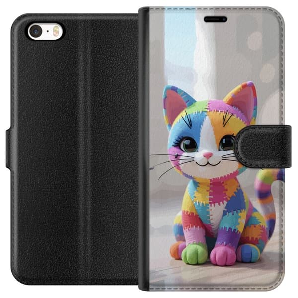 Kompatibel Tegnebogsetui til Apple iPhone SE (2016) Sød farverig kat i patchworkstil med store øjne