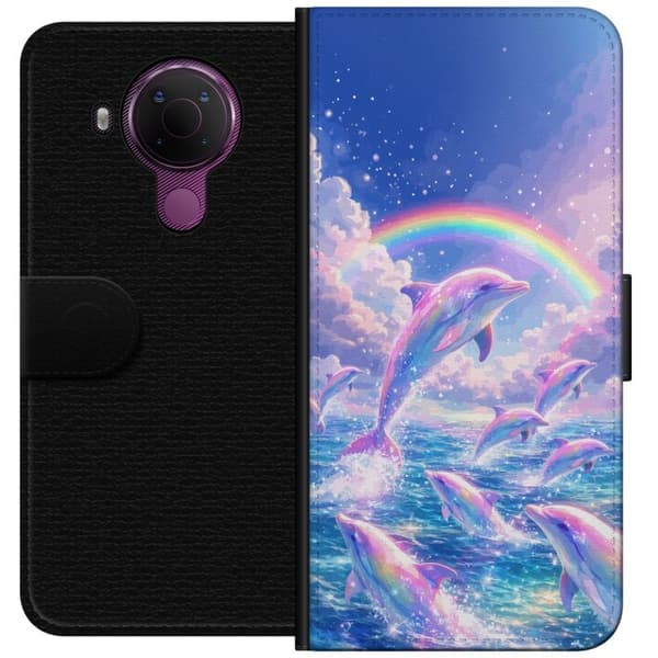 Kompatibel Tegnebogsetui til Nokia 5.4 Glittrande regnbågsdelfiner