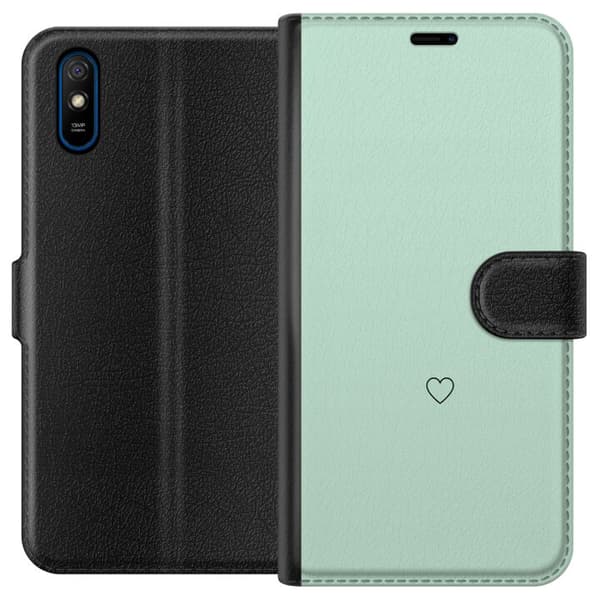 Kompatibel Tegnebogsetui til Xiaomi Redmi 9A Enkel sort hjertekontur centreret mod mintgrøn baggrund