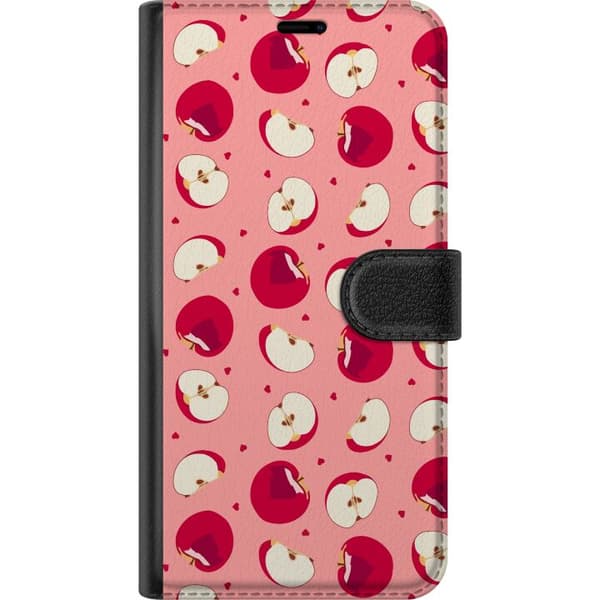 Kompatibelt Lommeboketui til Xiaomi Redmi Note 13 Illustrert mønster med røde epler, epleskiver og små hjerter mot rosa bakgrunn