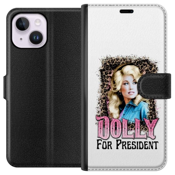 Kompatibel Tegnebogsetui til Apple iPhone 14 Plus Dolly Parton porträtt med leopardmönster