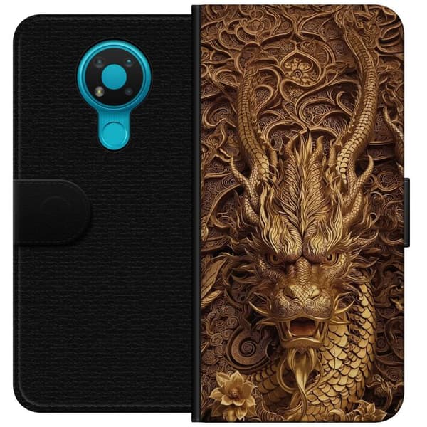 Kompatibelt Plånboksfodral till Nokia 3.4 Elegant drakmotiv i guld