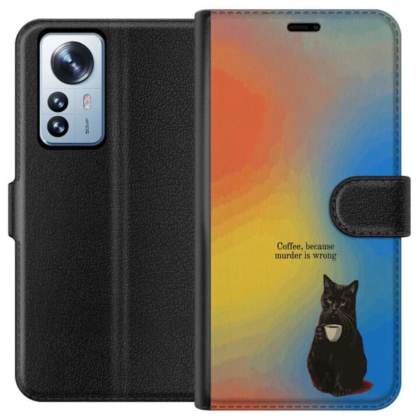 Kompatibel Tegnebogsetui til Xiaomi 12 Pro Humoristisk motiv med sort kat, kaffe og teksten Coffee Because Murder Is Wrong