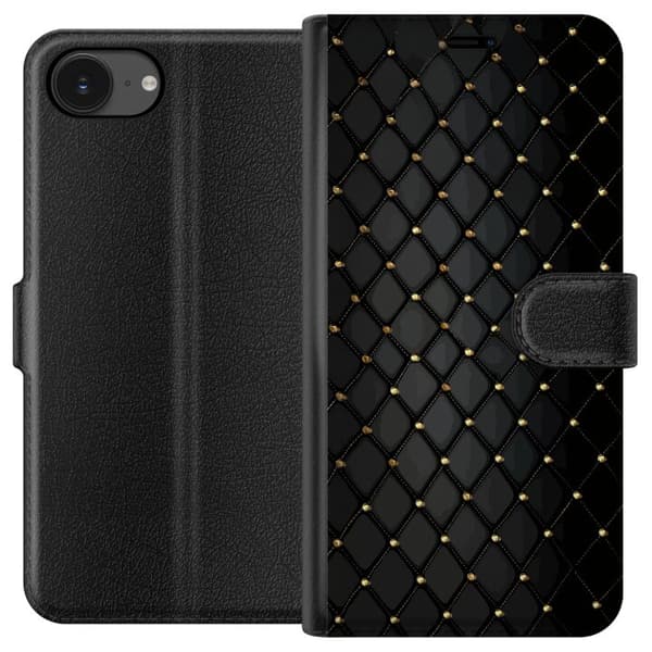 Kompatibel Tegnebogsetui til Apple iPhone 16e Elegant sort diamantmønster med guldfarvede linjer og detaljer
