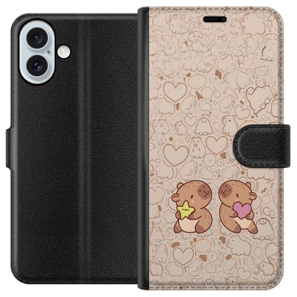 Kompatibel Tegnebogsetui til Apple iPhone 16 Plus Søde kapibarer med hjerte og stjerne i kawaii-stil