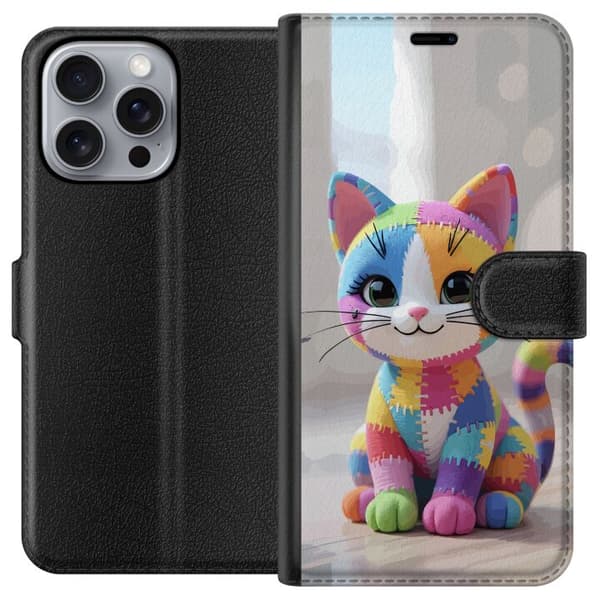 Kompatibel Tegnebogsetui til Apple iPhone 16 Pro Max Sød farverig kat i patchworkstil med store øjne