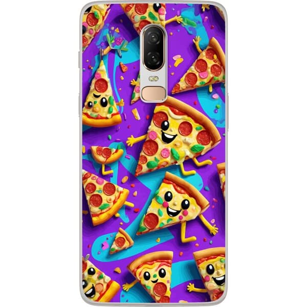 Kompatibelt Mobildeksel til OnePlus 6 Lekent pizzadesign med tegnede figurer