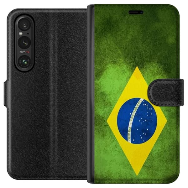 Kompatibelt Lommeboketui til Sony Xperia 1 V Brasiliansk flagg med rustikk tekstur