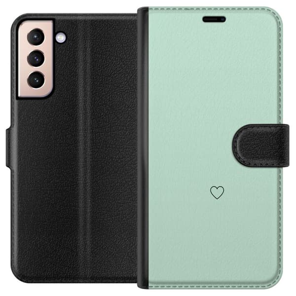 Kompatibel Tegnebogsetui til Samsung Galaxy S21 Enkel sort hjertekontur centreret mod mintgrøn baggrund