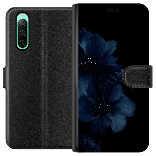 Kompatibel Tegnebogsetui til Sony Xperia 10 IV Mörkblå blommor