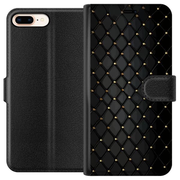 Kompatibel Tegnebogsetui til Apple iPhone 7 Plus Elegant sort diamantmønster med guldfarvede linjer og detaljer