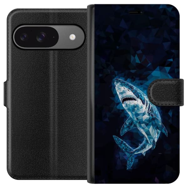 Kompatibel Tegnebogsetui til Google Pixel 9 Pro Polygonformet hvidhaj i blå nuancer mod mørk abstrakt baggrund
