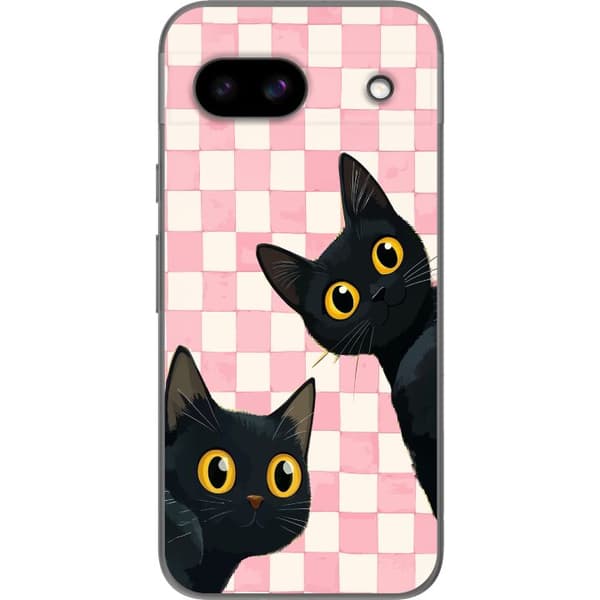Kompatibel Mobilcover til Google Pixel 8a Legende motiv med to sorte katte og store gule øjne mod lyserøde tern