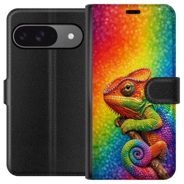 Kompatibelt Lommeboketui til Google Pixel 9 Pro Detaljert regnbuemotiv med eksotisk øgle