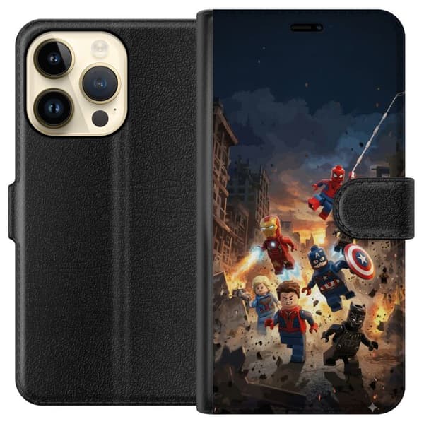 Kompatibel Tegnebogsetui til Apple iPhone 15 Pro Actionfyldt LEGO Marvel-motiv til superheltfans