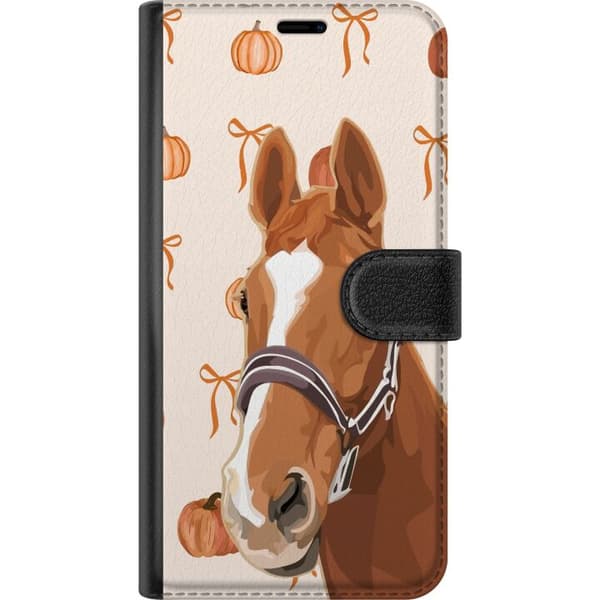 Kompatibel Tegnebogsetui til Google Pixel 9 Pro Brun hest med grime, græskar og dekorative orange rosetter mod beige baggrund