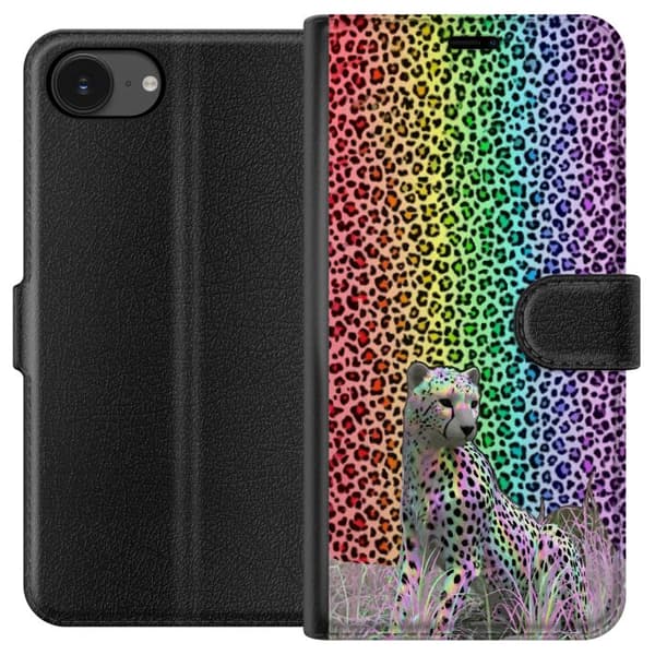 Kompatibel Tegnebogsetui til Apple iPhone 16e Leopard med farverigt regnbuemønster og dyremønstret baggrund