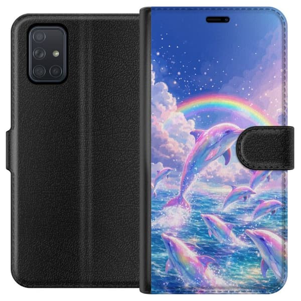 Kompatibel Tegnebogsetui til Samsung Galaxy A71 Glittrande regnbågsdelfiner