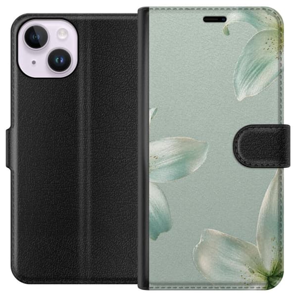 Kompatibel Tegnebogsetui til Apple iPhone 15 Elegant design med mintgrønne liljer og harmoniske blomsterdetaljer