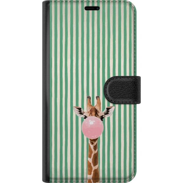 Kompatibelt Plånboksfodral till Apple iPhone 12 mini Giraff med rosa tuggummibubbla framför vertikala gröna och beige ränder