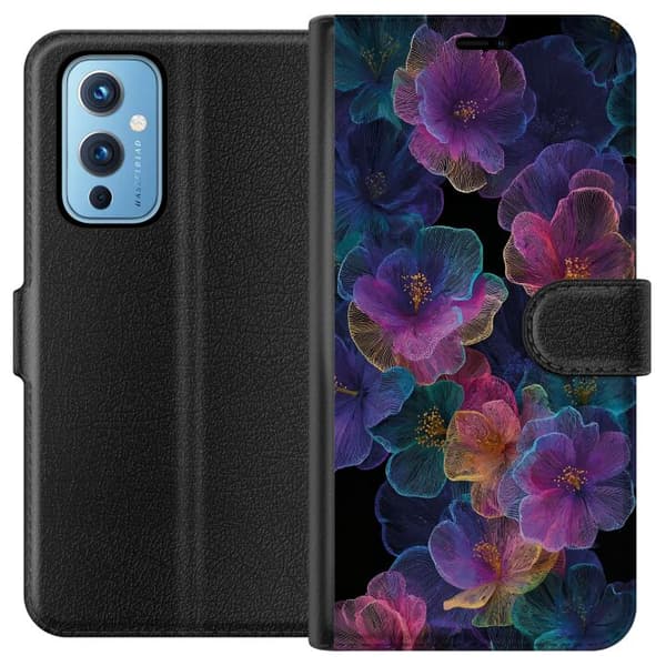 Kompatibel Tegnebogsetui til OnePlus 9 Elegant blomstermønster med mørk baggrund