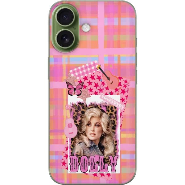 Kompatibelt Mobildeksel til Apple iPhone 17 Dolly Parton-portrett i rosa collage med gitarer, sommerfugl, stjerner og leopardmønster