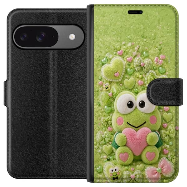 Kompatibel Tegnebogsetui til Google Pixel 9 Sød fluffy grøn frø med lyserødt hjerte og dekorative rosetter