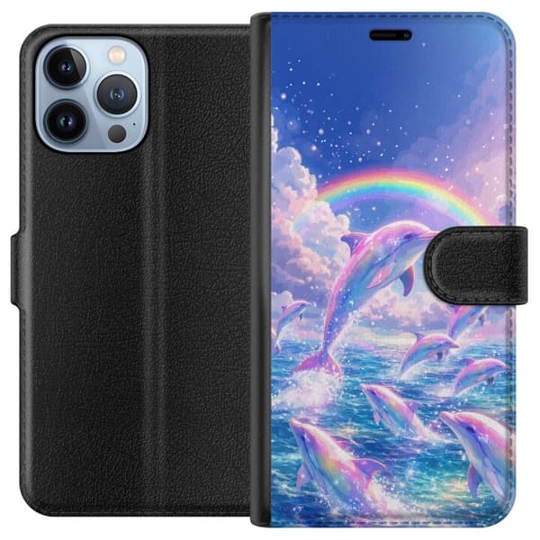 Kompatibel Tegnebogsetui til Apple iPhone 13 Pro Max Glittrande regnbågsdelfiner