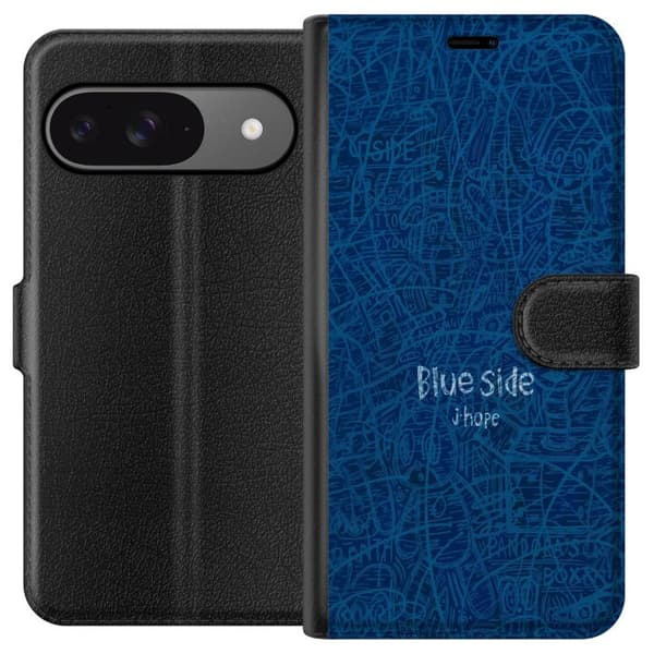 Kompatibel Tegnebogsetui til Google Pixel 9 Pro Blå baggrund med Blue Side-tekst og abstrakte håndtegnede illustrationer