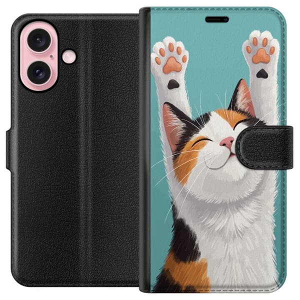 Kompatibelt Plånboksfodral till Apple iPhone 16 Glad trefärgad katt