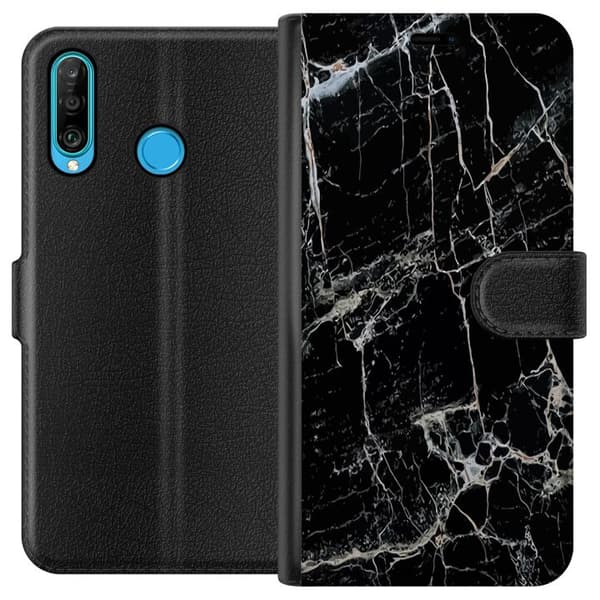 Kompatibel Tegnebogsetui til Huawei P30 lite Svart Marmor